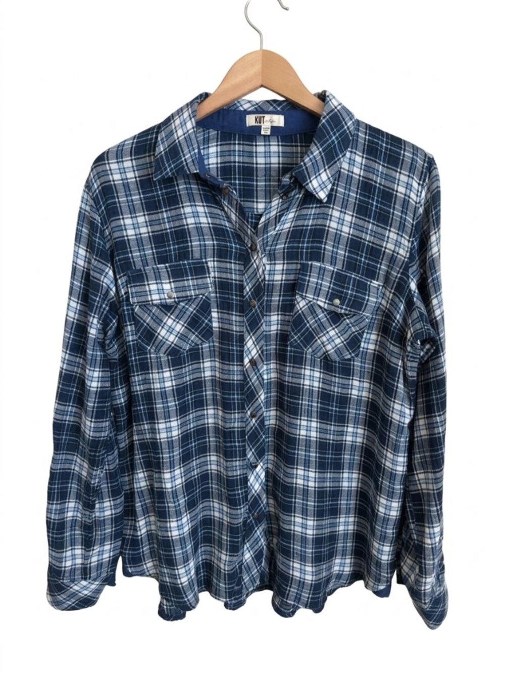KUT from the Kloth Boylen Plaid Western Snap Front Shirt M Blue Roll Tab Cotton